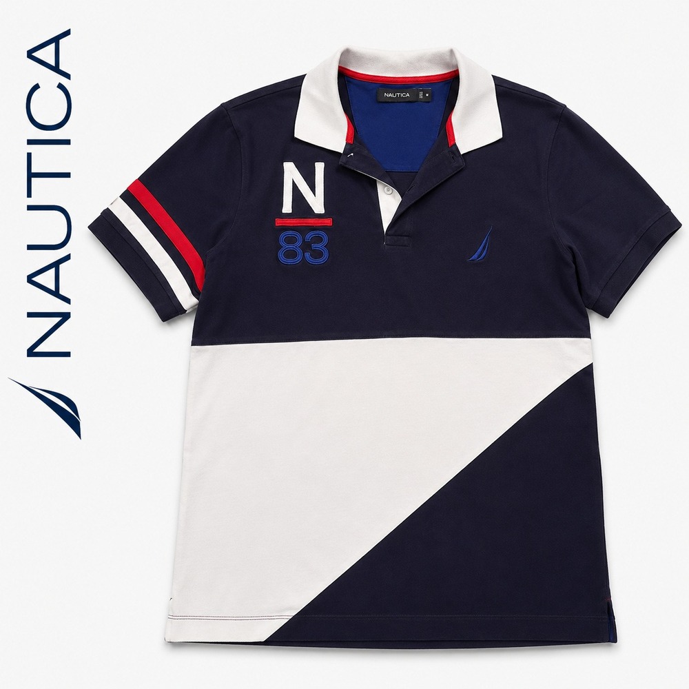 Nautica Polo Shirt Navy White Colorblock N83 Graphic Short Sleeve Mens Medium
